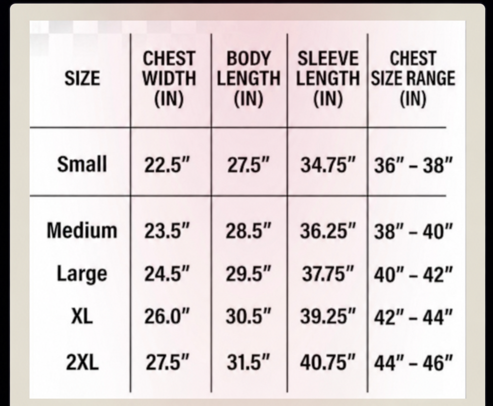 Shirt size chart for the Conflicted Soul windbreaker set