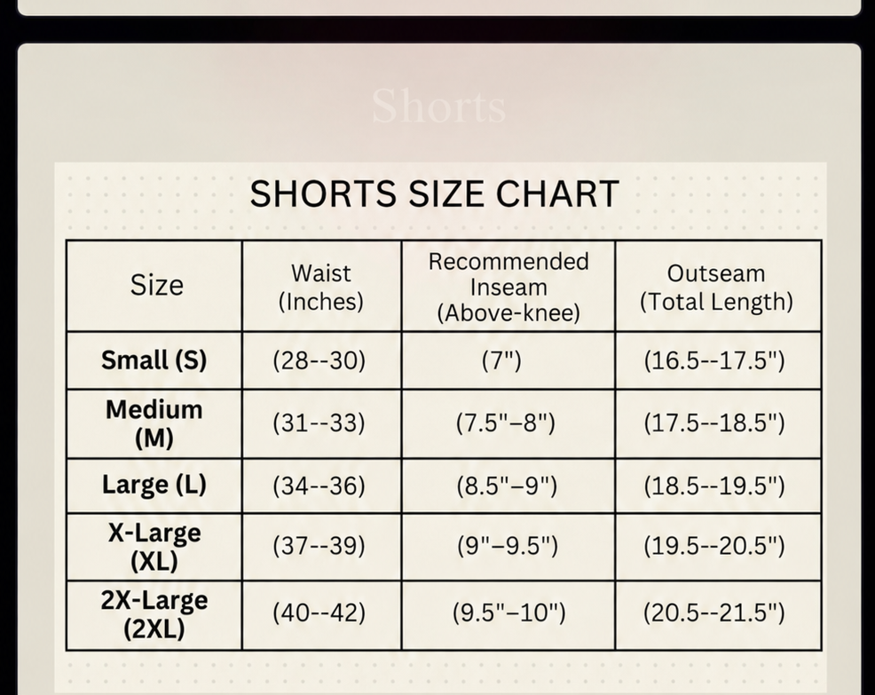 Shorts size chart for the Conflicted Soul windbreaker set