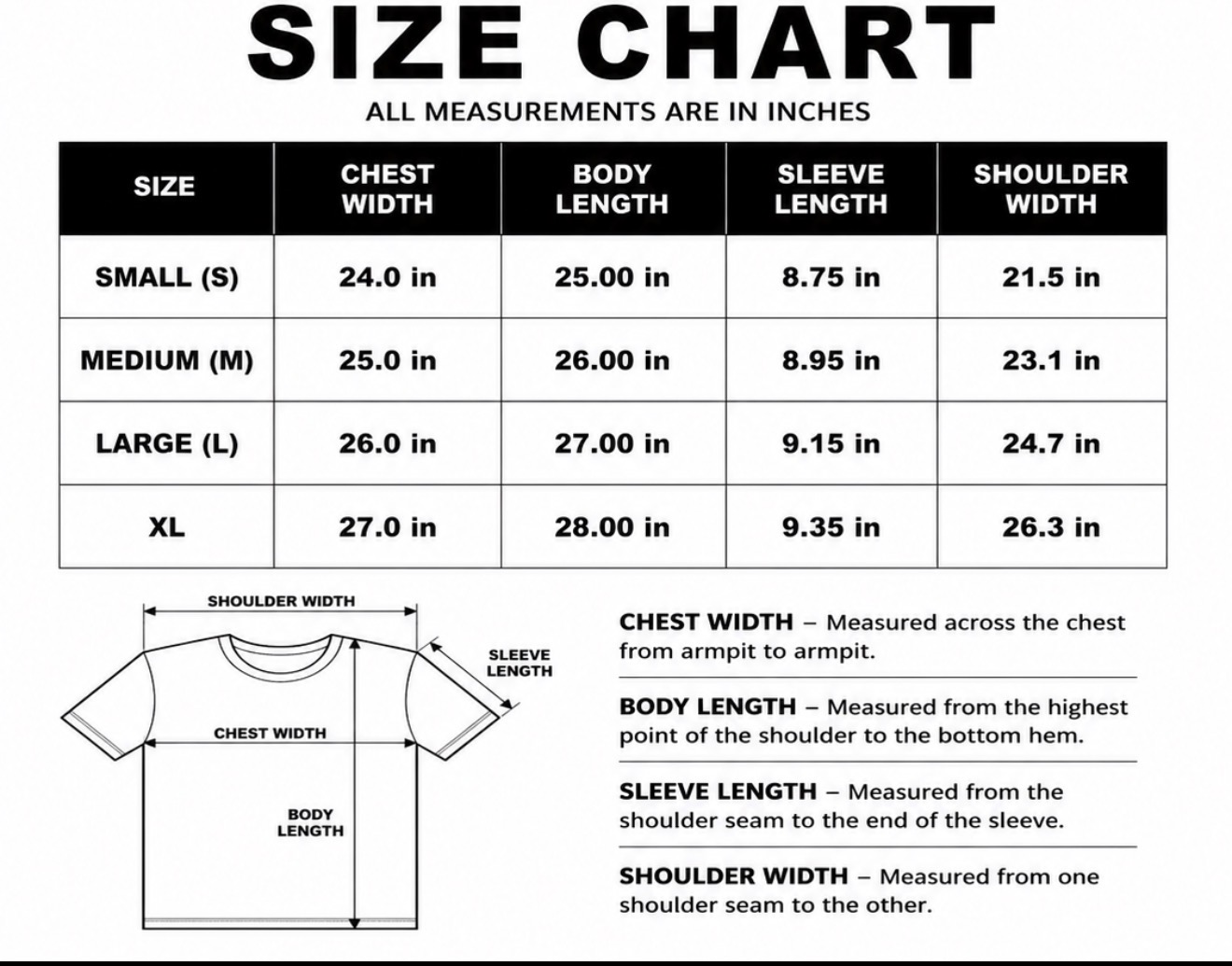 Vexed Realitys t-shirt measurement spec