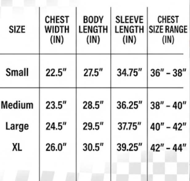 Jacket size chart for the Conflicted Soul windbreaker set