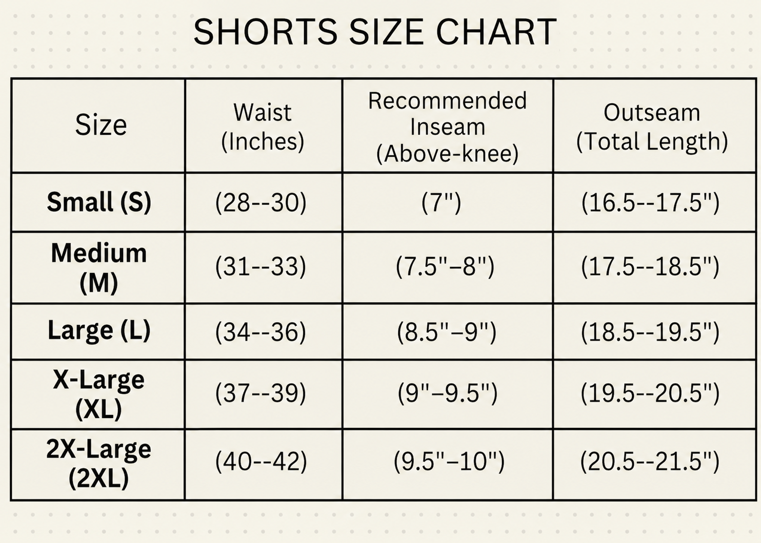 Shorts size chart for the Conflicted Soul windbreaker set